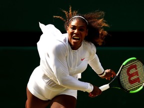 Serena Williams serves against Julia Goerges in the Wimbledon semifinals on Juky 12.