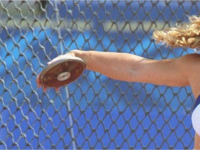 A young volunteer at the Canadian track and field championships at Mooney's Bay was struck on the head by a discus Friday, but returned to the field on Saturday.