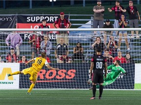 The turning point of Saturday's contest was a missed penalty kick by Nashville SC's Alan Winn, who got Fury FC goalkeeper Maxime Crépeau going the wrong way, but hit the crossbar with his attempt. Ottawa subsequently scored twice in added time to produce a victory. Steve Kingsman/Freestyle Photography for Ottawa Fury FC