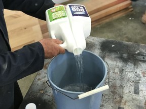 This two-part liquid stain remover gets combined and activated after pouring from a two-sided jug. The solution remains active for 2 hours after mixing then breaks down into water and oxygen.