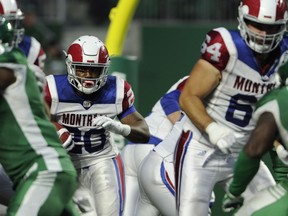 Montreal Alouettes running back Tyrell Sutton runs the ball during second half CFL action against the Saskatchewan Roughriders at Mosaic Stadium in Regina on Saturday, June 30, 2018.