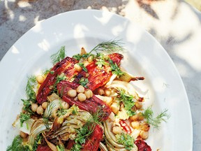 Roast tomatoes, fennel and chickpeas with preserved lemons and honey from How to Eat a Peach by Diana Henry.