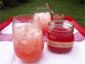 Gingered Rhubarb Shrub and a Bonus Fruit Compote, right background, from a recipe by Elizabeth Karmel.