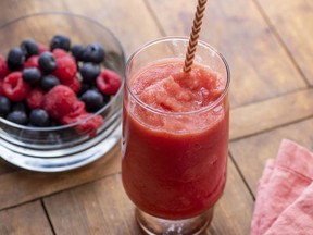 Watermelon strawberry smoothie. This drink is from a recipe by Katie Workman.