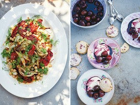 Roast tomatoes, fennel & chickpeas with preserved lemons & honey, left, and cherries in wine with cardamom cream & rose pistachio shortbread from How to Eat a Peach by Diana Henry.