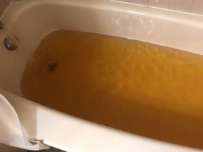 A tub full of brown water.