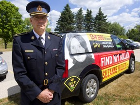 Detective Superintendent Ken Leppert, the Director of Criminal Investigation Services for the O.P.P talks about their push to find the killer of Suzanne Miller who died in 1974. They have a video on Facebook as well as a van with her image and tip lines in London, Ont. (Mike Hensen/The London Free Press)