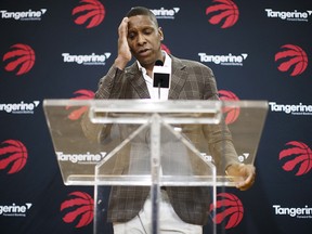 Toronto Raptors President Masai Ujiri speaks about acquiring Kawhi Leonard in a trade at a media availability in Toronto, Friday, July 20, 2018. (THE CANADIAN PRESS/Mark Blinch)