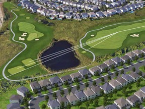 Mattamy Homes has withdrawn a development application that called for 158 homes to be built on a chunk of Stonebridge Golf Course. This rendering from the application shows a redesigned seventh hole with the new subdivision at the bottom. Source: Development application