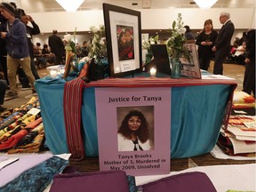 Candles light photos of murdered and missing women on a memorial table at the 2nd National Roundtable on Missing and Murdered Indigenous Women and Girls in Winnipeg in February 2016.