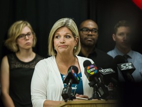 Ontario NDP Leader Andrea Horwath speaks to press alongside advocates against the repeal of Ontario's updated health and physical education curriculum at a news conference held in Toronto on Friday, July 13, 2018. THE CANADIAN PRESS/Christopher Katsarov ORG XMIT: CKL102