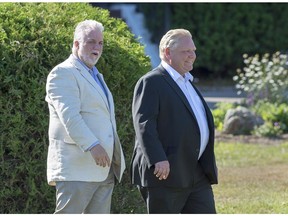Premier Doug Ford is shown earlier this month with Quebec Premier Philippe Couillard. The two provinces were part of a cap-and-trade agreement when Kathleen Wynne was premier.