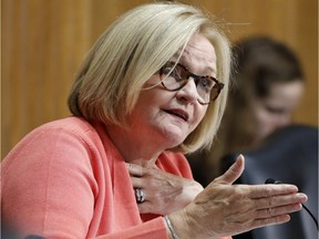 FILE - In this June 20, 2018, file photo, Sen. Claire McCaskill, D-Mo., asks a question during a Senate Finance Committee hearing on Capitol Hill in Washington. McCaskill says Russian hackers tried unsuccessfully to infiltrate her Senate computer network, and says she "will not be intimidated." The Missouri Democrat released the statement after The Daily Beast website reported that Russia's GRU intelligence agency tried to hack the senator's computers in August 2017.