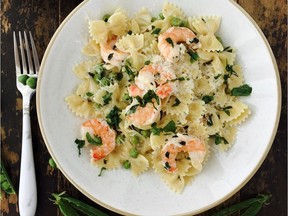Creamy shrimp pasta with mint and peas.