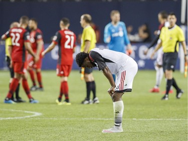 Ottawa Fury FC's Eddie Edward reacts after his team's loss against the Toronto FC during the second half of Canadian Championship soccer action in Toronto, Wednesday July 25, 2018.