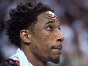 DeMar DeRozan looks up at the scoreboard late in the second quarter of a Raptors game against the Washington Wizards in the first round of the 2018 NBA playoffs. Frank Gunn/The Canadian Press