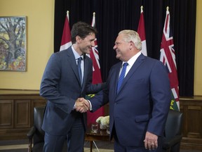 Prime Minister Justin Trudeau met with Ontario Premier Doug Ford at Queens Park in Toronto, Ont. on Thursday July 5, 2018.
