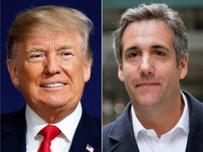 This combination photo shows President Donald Trump and attorney Michael Cohen.