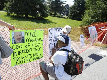 Members of the Hamilton Tenants Solidarity Network and the Herongate Tenant Coalition protest near the home of CLV Group CEO Mike McGahan in Manotick on Saturday, Aug. 11, 2018.