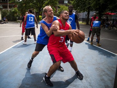 Brennan Stroud defends against Haidar el Badry with the ball at the Hoopstar Classic at St. Luke's Park near Elgin Street and Gladstone Avenue on Saturday.
