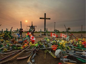 HUMBOLDT, SK - A memorial for the 16 members of the Humboldt Broncos hockey team that were killed in a bus crash near Tisdale, Sask., on Wednesday August 22, 2018.