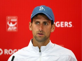 TORONTO, ON - AUGUST 08:  Novak Djokovic of Serbia speaks to the media after defeating Peter Polansky of Canada in a 2nd round match on Day 3 of the Rogers Cup at Aviva Centre on August 8, 2018 in Toronto, Canada.
