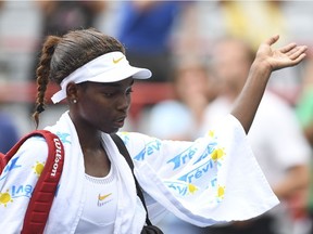 Francoise Abanda of Canada walks off the court after losing to Sloane Stephens in straight sets 6-0, 6-2  during day three of the Rogers Cup at IGA Stadium on August 8, 2018 in Montreal.