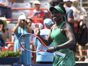 Sloane Stephens celebrates her 6-2, 7-5 victory against Carla Suarez Navarro of Spain during day four of the Rogers Cup at IGA Stadium on August 9, 2018 in Montreal, Quebec.
