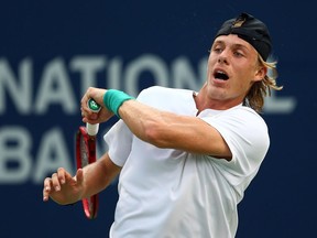 Denis Shapovalov of Canada plays a shot against Robin Haase of The Netherlands during a 3rd round match on Day 4 of the Rogers Cup at Aviva Centre on August 9, 2018 in Toronto.