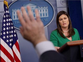 WASHINGTON, DC - AUGUST 15:  White House Press Secretary Sarah Huckabee Sanders conducts a news conference in the Brady Press Briefing Room at the White House August 15, 2018 in Washington, DC. Sanders announced that President Donald Trump revoked former CIA Director John Brennan's security clearance.