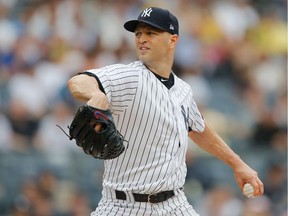 J.A. Happ of the New York Yankees pitches in the first inning against the Toronto Blue Jays at Yankee Stadium on August 19, 2018.