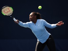 Serena Williams of USA plays a forehand during previews for the US Open at USTA Billie Jean King National Tennis Center on August 26, 2018 in the Flushig Neighborhood of Queens borough of New York City.