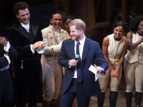 Prince Harry, Duke of Sussex speaks onstage at "Hamilton" after the gala performance in support of Sentebale at Victoria Palace Theatre on August 29, 2018 in London, England.