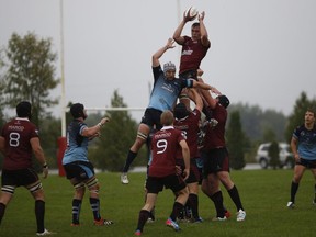 The Ontario Blues play the Atlantic Rock in senior men's Canadian Rugby Championship action at Twin Elms Rugby Park in Nepean on August 16, 2014. This is the first time ever a senior men's Canadian Rugby Championship game has taken place in Ottawa.