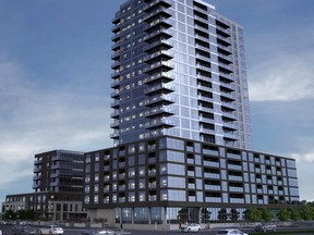 Holloway Lodging Corporation is proposing a high-rise complex at 1354 and 1376 Carling Ave., the site of the current Travelodge Hotel. Source: Planning application
