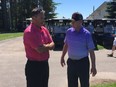 Boston Bruins head coach Bruce Cassidy, left, a former 67's defenceman, chats with long-time 67's coach and general manager Brian Kilrea at the annual Ottawa Valley Hockey Oldtimers golf day at Hylands on Friday. Michael Latimer photo.