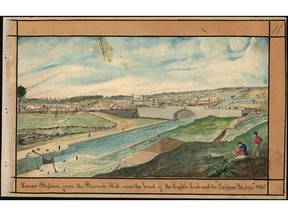 This painting by Thomas Burrowes depicts the Rideau Canal and Lowertown as it looked in 1845, when Jimmy Johnston was the MP for Carleton. The bridge at centre-right is Sappers' Bridge, from which Johnston had to leap to escape assassins.
