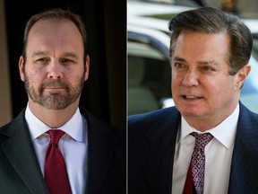 This combination of pictures shows former Trump campaign official Rick Gates leaves Federal Court in Washington, DC. on December 11, 2017 and Paul Manafort arrives for a hearing at US District Court in Washington, DC. on June 15, 2018.