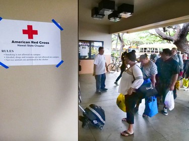 People enter a Red Cross shelter at McKinley High School in Honolulu on Thursday, ahead of the arrival of Hurricane Lane.