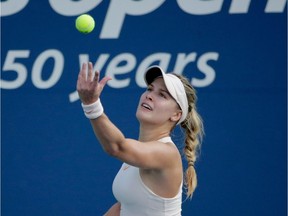Eugenie Bouchard serves to Marketa Vondrousova during their seonc-round women's singles match in New York on Thursday.