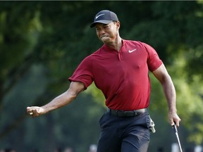 Tiger Woods celebrates after making a birdie putt on the 18th green during the final round of the PGA Championship golf tournament at Bellerive Country Club, Sunday, Aug. 12, 2018, in St. Louis.