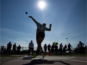Brittany Crew participates in the senior women's shot put during the Canadian Track and Field Championships in Ottawa on July 8.