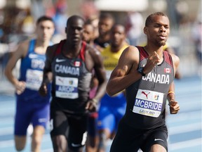 Brandon McBride runs to gold in the 800-metre final of the NACAC Championships in Toronto on Saturday. Fellow Canadian Marco Arop, left, finished second.