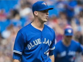 Toronto Blue Jays starting pitcher Thomas Pannone (45) reacts after throwing a one hitter through the seventh inning against the Baltimore Orioles during seventh inning AL baseball action in Toronto on Wednesday, August 22, 2018.