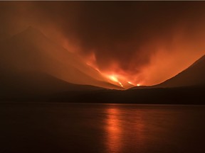 The Boundary Wildfire on Thursday, August 23, 2018, in Glacier National Park, Montana, U.S.A., south of the Waterton town site at Waterton Lakes National Park. From the time it was spotted, the wildfire exhibited extreme behaviour, growing from 20 to 700 hectares in roughly 4 hours. Some flames were reported to be almost 70 metres high.