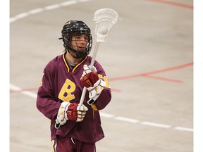 Brampton Excelsiors star player Jeff Teat warms up at Max Bell Centre while waiting to see the outcome of a dispute at the Minto Cup on Wednesday August 22, 2018. The Coquitlam Adanacs and Brampton Excelsiors were set to continue their championship series but the game was canceled after an hour of waiting. Gavin Young/Postmedia