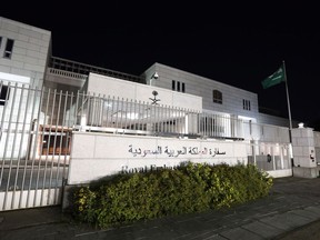 The Embassy of the Kingdom of Saudi Arabia is shown in Ottawa on Sunday, Aug. 5, 2018. Saudi Arabia says it is ordering Canada's ambassador to leave the country and freezing all new trade and investment transactions with Canada in a spat over human rights.