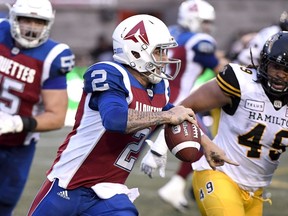 Montreal Alouettes quarterback Johnny Manziel (2) runs with the ball during first quarter CFL football action against the Hamilton Tiger-Cats in Montreal on Friday, August 3, 2018.