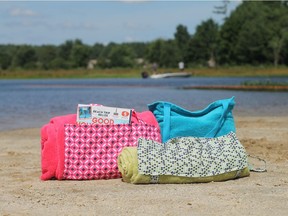 This Aug. 19, 2018 photo shows three tote-able towels, Beach towels can pull double duty or at least be easier to carry if you add straps to turn them into tote bags.