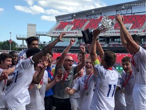 Team from Cumberland Cobras Academy celebrates at TD Place after winning the 2018 East Region Soccer League Cup. Photo supplied by the Ottawa Fury and the East Region Soccer League.